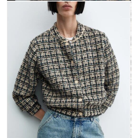 Mango Jackets & Blazers - Mango Tweed Bomber Jacket Womens sz. S Snap Buttons Cream and Navy